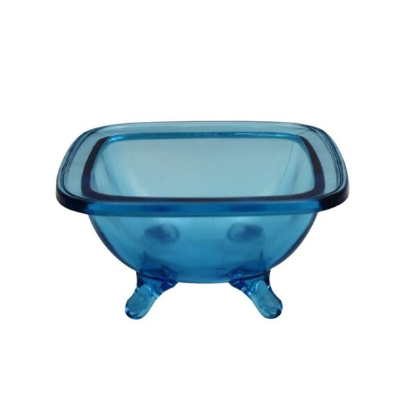 Vintage Blue Glass Condiment Bowl Set Matching Bowl Spoon Plate - Picture 2 of 9